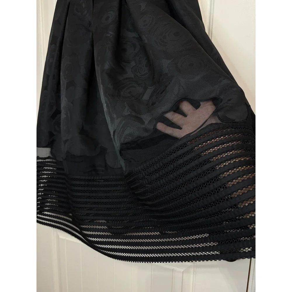 Sachin + Babi  Black Floral Jacquard Midi Skirt Mesh Hem Quiet Luxury Silk 4